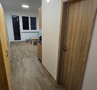 Prenájom garsónka Dubnica nad Váhom  - Garsónka s podlahou s dreveným dekorom, bielymi stenami a nábytkom.