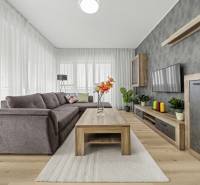 Svetlý 3-izbový byt 90 m² s terasou 18,5 m², 2 garáže, Smaragdová ul. - Obývačka v 3-izbovom byte s podlahou s dreveným dekorom a šedou pohovkou.