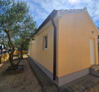 VRSI - dom s dvoma bytovými jednotkami - 250 m od mora - Žltý dom so schodmi a stromami v záhrade na ulici Mulo v meste Vrsi.