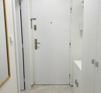 Kompletne zrekonštruovaná garzónka na prenájom, Internátna ulica - Vstupné dvere v garsónke s bielymi stenami a dlažbou, zrkadlo na stene.