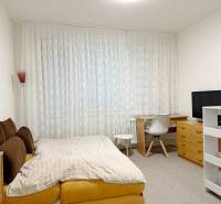 Kompletne zrekonštruovaná garzónka na prenájom, Internátna ulica - Garsónka s posteľou, pracovným stolom, televízorom a záclonami na okne.