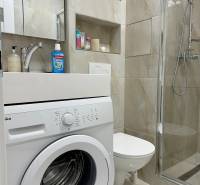 Kompletne zrekonštruovaná garzónka na prenájom, Internátna ulica - Kúpeľňa v garsónke vybavená práčkou, sprchovacím kútom, toaletou a úložnými priehradkami.