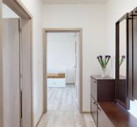 2 izbový prerobený byt v Trenčíne Pred polom, balkón + pivnica - Chodba v 2-izbovom byte s podlahou s dreveným dekorom a tmavým nábytkom.