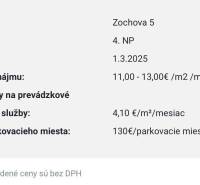 Reprezentatívne kancelárske priestory 121m2, Zochova ul., Staré Mest - Kancelárie na Zochovej ulici, dostupné od 1.3.2025, s prenájmom 11-13€/m²/mesiac.