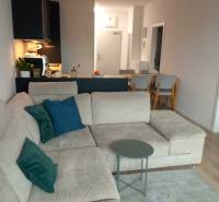 VÝMENA! Nový 2+kk s park. miestom a lodžiou za 3+1, Rača, Bratislava - Obývačka s pohovkou a stolíkom v 2-izbovom byte s podlahou s dreveným dekorom.