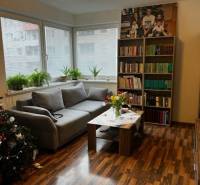 ÚTULNÝ 2 IZBOVÝ BYT - SILVANIUM  - Obývačka v 2-izbovom byte so sedačkou, knihovnicou a stolom. Veľké okná dodávajú svetlo.