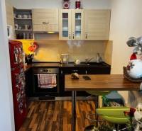 ÚTULNÝ 2 IZBOVÝ BYT - SILVANIUM  - Kuchyňa v 2-izbovom byte s drevenou podlahou, červenou chladničkou a barovým pultom.