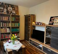 ÚTULNÝ 2 IZBOVÝ BYT - SILVANIUM  - Obývačka v 2-izbovom byte s knižnicami, pohovkou a televíziou.