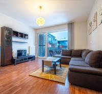 SVETLÝ ZARIADENÝ 2-IZBOVÝ BYT S BALKÓNOM - LA VITA  - Obývacia izba v 2-izbovom byte s podlahou s dreveným dekorom a sedacou súpravou.