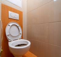 SVETLÝ ZARIADENÝ 2-IZBOVÝ BYT S BALKÓNOM - LA VITA  - Kúpeľňa s oranžovým obkladom v 2-izbovom byte s otvorenou toaletou.