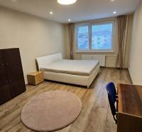 Prenájom 2 izbový byt v Topoľčanoch, sídlisko JUH - Svetlá izba v 2-izbovom byte s posteľou a nábytkom, podlaha s dreveným dekorom.