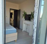 3-izb. byt v obci Blatná na Ostrove, balkón, lodžia, novostavba - Spálňa s posteľou, televízorom a rastlinami v 3-izbovom byte s podlahou s dreveným dekorom.