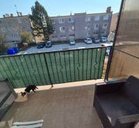 3-izb. byt v obci Blatná na Ostrove, balkón, lodžia, novostavba - Balkón s výhľadom na parkovisko, sedenie z ratanu a pes, Blatná na Ostrove.