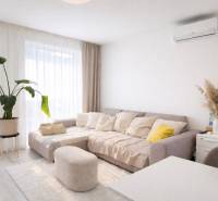 RADO I 4-IZBOVY murovaný ROD.DOM I RAJKA - Obývacia izba rodinného domu so svetlou sedačkou, rastlinou a podlahou s dreveným dekorom.