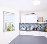 RADO I 4-IZBOVY murovaný ROD.DOM I RAJKA - Biela kuchyňa v rodinnom dome s modernou mozaikovou dlažbou a spotrebičmi.