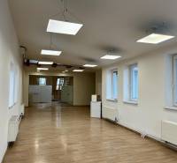 NA PRENÁJOM-Kancelársky priestor-Košice-Staré mesto,Masarykova ul. - Kancelárie s podlahou s dreveným dekorom, závesnými svietidlami a presklenými dverami.