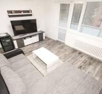 3i byt 73m2 + 6m2 balkón, Gen. Svobodu, Trenčín - Obývacia izba s rozkladacou sedačkou, veľkou TV a podlahou s dreveným dekorom.