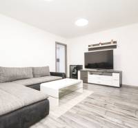 3i byt 73m2 + 6m2 balkón, Gen. Svobodu, Trenčín - Obývačka v 3-izbovom byte s pohovkou, TV a podlahou s dreveným dekorom.