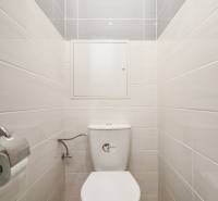 3i byt 73m2 + 6m2 balkón, Gen. Svobodu, Trenčín - Toaleta s bielymi obkladačkami a podlahou s dreveným dekorom v 3-izbovom byte.