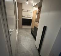 Na predaj moderný 2-izbový byt po kompletnej rekonštrukcii – Piešťany - Chodba v 2-izbovom byte s dlažbou, skrinkami a drevenými stenovými panelmi.