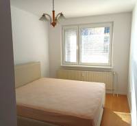 Zariadený 3 izbový byt s lodžiou, Beniakova ulica, BA IV. Karlova Ves - Spálňa v 3-izbovom byte s posteľou a podlahou s dreveným dekorom.