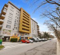 Na predaj príjemný zariadený 1 izbový byt na ulici Antolská, Petržalka - Bytový dom na ulici Antolská v Bratislave - Petržalke obklopený stromami a zaparkovanými autami.