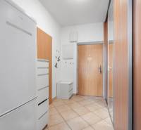 Na predaj príjemný zariadený 1 izbový byt na ulici Antolská, Petržalka - Vstupná hala 1-izbového bytu s dlažbou, vešiakom a šatníkovou skriňou.