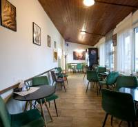 PRENÁJOM - Bistro/ Gastro prevádzka - Košice - Juh - Gastro priestory s podlahou s dreveným dekorom a zelenými stoličkami.