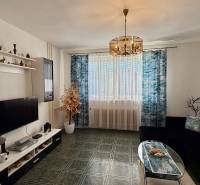 * 7i rodinný dom, veľký 33.5á pozemok, Brestovany - Obývacia izba v rodinnom dome s dekoratívnym lustrom, tmavou sedačkou, televíziou a vzorovanými závesmi.