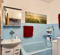 * 7i rodinný dom, veľký 33.5á pozemok, Brestovany - Kúpeľňa v rodinnom dome s modrými obkladačkami, vaňou a skrinkou nad umývadlom.