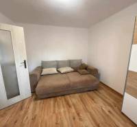 Predaj 3 - izbového bytu - Nová Baňa - Izba s hnedou pohovkou, bielymi stenami a podlahou s dreveným dekorom v 3-izbovom byte.