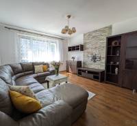 Predaj 3 - izbového bytu - Nová Baňa - Obývacia izba v 3-izbovom byte s podlahou s dreveným dekorom a veľkou sedačkou.