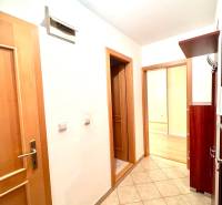 Zrekonštruovaný 3i byt na začiatku Petržalky, električka, les, výhľady - Chodba so svetlými dlažbami a drevenými dverami v 3-izbovom byte.