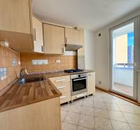 Zrekonštruovaný 3i byt na začiatku Petržalky, električka, les, výhľady - Kuchyňa v 3-izbovom byte s podlahou s dreveným dekorom a východom na balkón.