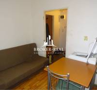 1 - izbový byt Košice, Popradská - Obývacia izba v 1-izbovom byte s gaučom, stolom a práčkou, podlaha s dreveným dekorom.