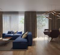 NA PREDAJ ‼️POSLEDNÉ 2 ‼️- 4 izbové radové domy v Ivánke pri Nitre - Obývacia izba s modrou sedačkou a drevenými prvkami, útulné prostredie rodinného domu.