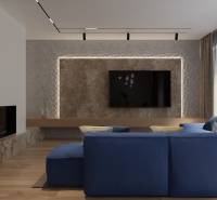 NA PREDAJ ‼️POSLEDNÉ 2 ‼️- 4 izbové radové domy v Ivánke pri Nitre - Obývačka s tmavomodrým gaučom, televízorom, krbom a dizajnovou stenou na Gergeľova. Rodinný dom.