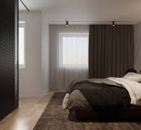 NA PREDAJ ‼️POSLEDNÉ 2 ‼️- 4 izbové radové domy v Ivánke pri Nitre - Spálňa s posteľou, mramorovou stenou, drevenou podlahou a závesmi. Ulica Gergeľova, Rodinný dom.