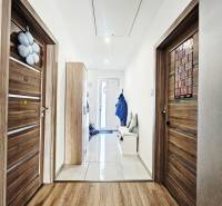 Tehlová novostavba s bazénom a terasou – Geča pri Košiciach - Chodba v rodinnom dome s podlahou s dreveným dekorom a šatníkovou skriňou.