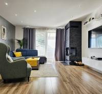 Tehlová novostavba s bazénom a terasou – Geča pri Košiciach - Obývacia izba s podlahou s dreveným dekorom, pohodlným sedením a krbom v rodinnom dome.