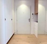 LUXUSNÝ 3i byt,PARKING,CHLADENIE,TERASA,Grand Koliba, Frankovská ulica - Vstupná chodba 3-izbového bytu s drevenou podlahou a bielymi dverami.