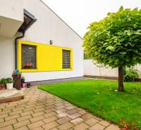Priestranný 5-izbový rodinný dom s pohodlným dojazdom do Bratislavy  - Rodinný dom so žltým obkladom, dlažbou a zeleným trávnikom v Nitre.