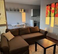 Prenájom 2-izb byt v uzavretom areáli Bratislava II - Obývacia izba s hnedou sedačkou, stolíkom a podlahou s dreveným dekorom v 2-izbovom byte.