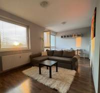 Prenájom 2-izb byt v uzavretom areáli Bratislava II - Obývacia izba v 2-izbovom byte s pohovkou, konferenčným stolíkom a podlahou s dreveným dekorom.