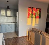 Prenájom 2-izb byt v uzavretom areáli Bratislava II - Kuchyňa s modrou linkou, stolom, pohovkou a podlahou s dreveným dekorom v 2-izbovom byte.