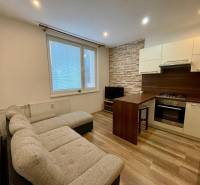 PRENÁJOM - 1-izbový priestranný byt byt - Klokočina, Škultétyho - Obývacia izba s kuchynským kútom, rohovou sedačkou a podlahou s dreveným dekorom v 1-izbovom byte.