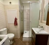 PRENÁJOM - 1-izbový priestranný byt byt - Klokočina, Škultétyho - Kúpeľňa v 1-izbovom byte s práčkou, sprchovým kútom a bielymi kachličkami.