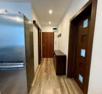 PRENÁJOM - 1-izbový priestranný byt byt - Klokočina, Škultétyho - Chodba v 1-izbovom byte s chladničkou a podlahou s dreveným dekorom.