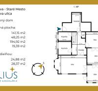 RIZNEROVA, RD – s veľkým pozemkom nad BRATISLAVSKÝM HRADOM - Pôdorys rodinného domu na Riznerovej ulici, Bratislava - Staré Mesto, s rozlohou pre všetky podlažia.