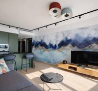 Prenájom 2-izbový byt s loggiou,55m2, EUROVEA TOWER - 2-izbový byt s podlahou s dreveným dekorom, farebnou stenou a modernou kuchyňou.